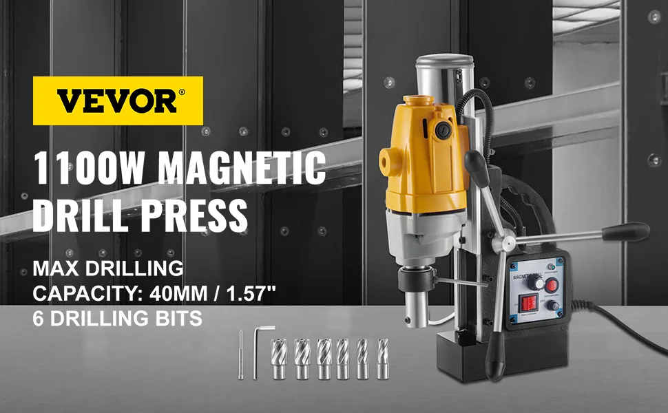 Taladro magnético VEVOR con columna taladradora magnética de 1100 W, capacidad de 40 mm, 6 brocas.