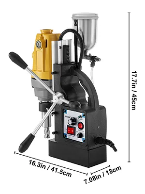 Taladro magnético VEVOR con dimensiones de 17,7 pulgadas de alto x 16,3 pulgadas de ancho x 7,08 pulgadas de profundidad, amarillo y negro.