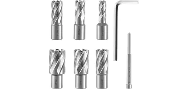 Seis brocas magnéticas VEVOR con llave hexagonal y pasador de centrado sobre un fondo liso.