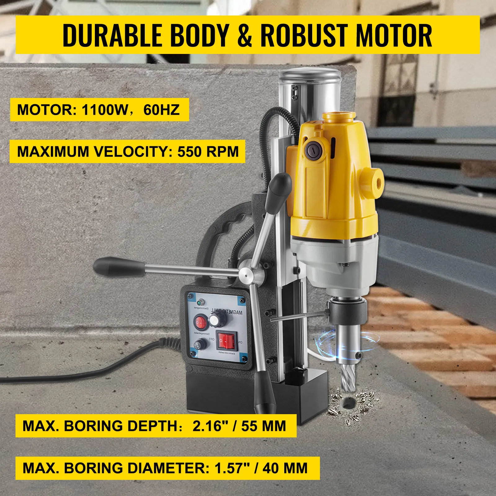 Taladro magnético VEVOR con motor de 1100w, velocidad máxima 550 rpm, 55 mm de profundidad, 40 mm de diámetro.
