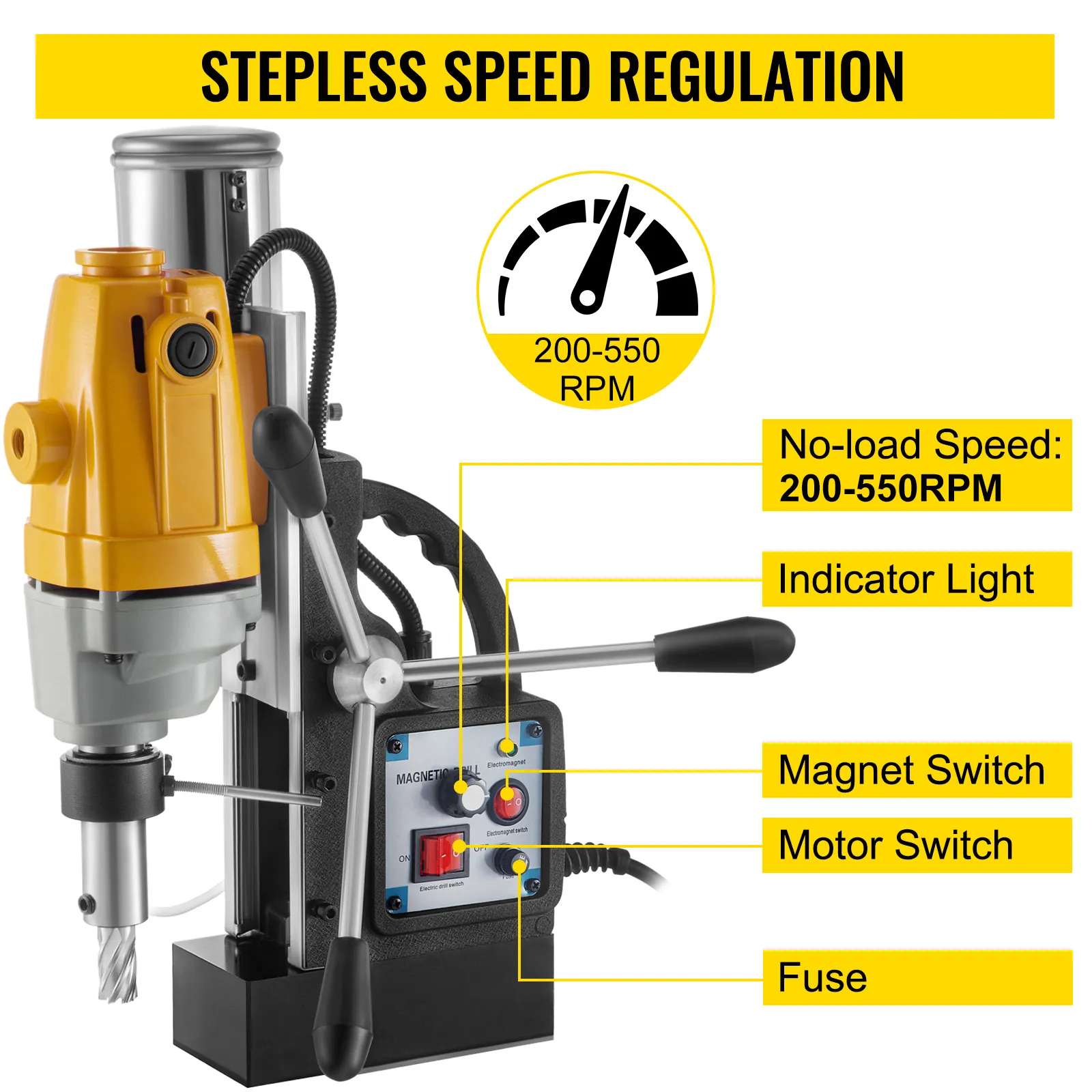 Taladro magnético VEVOR con regulación de velocidad continua que va desde 200 a 550 rpm, luz indicadora, interruptor magnético, interruptor de motor y fusible.