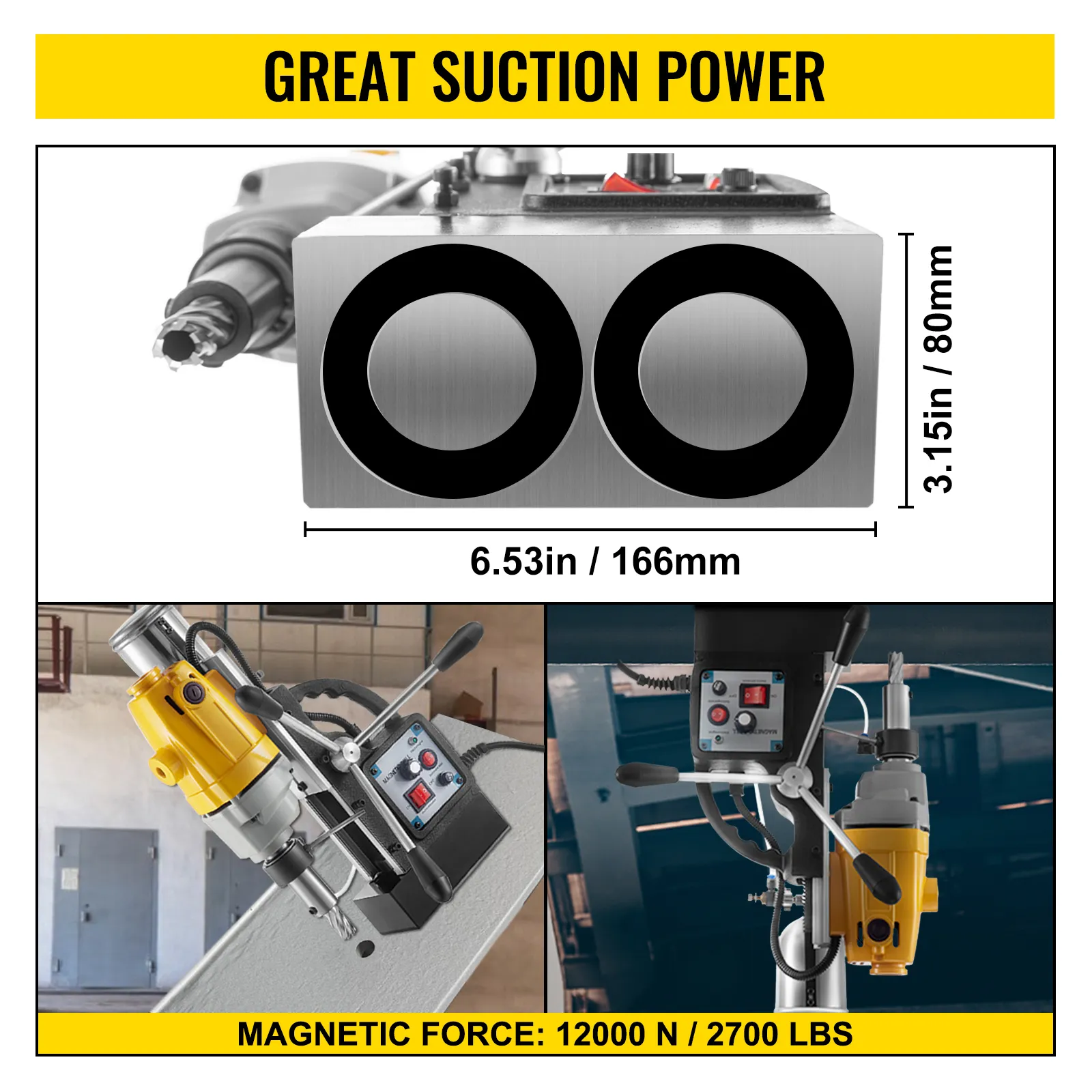 Taladro magnético VEVOR con gran poder de succión, 12000n de fuerza, 166mm de ancho, 80mm de alto.