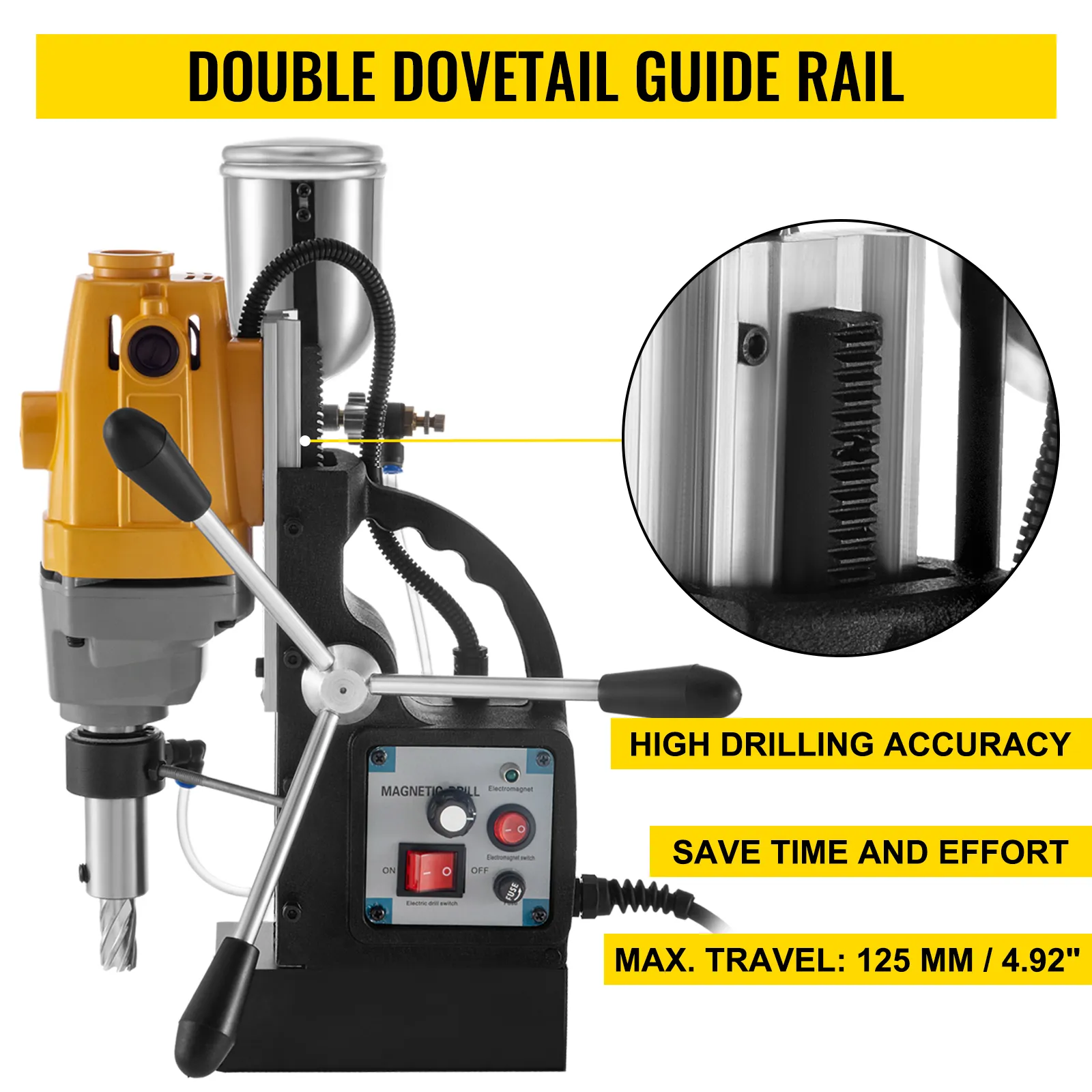 Taladro magnético VEVOR con carril guía de cola de milano doble para una alta precisión de perforación.