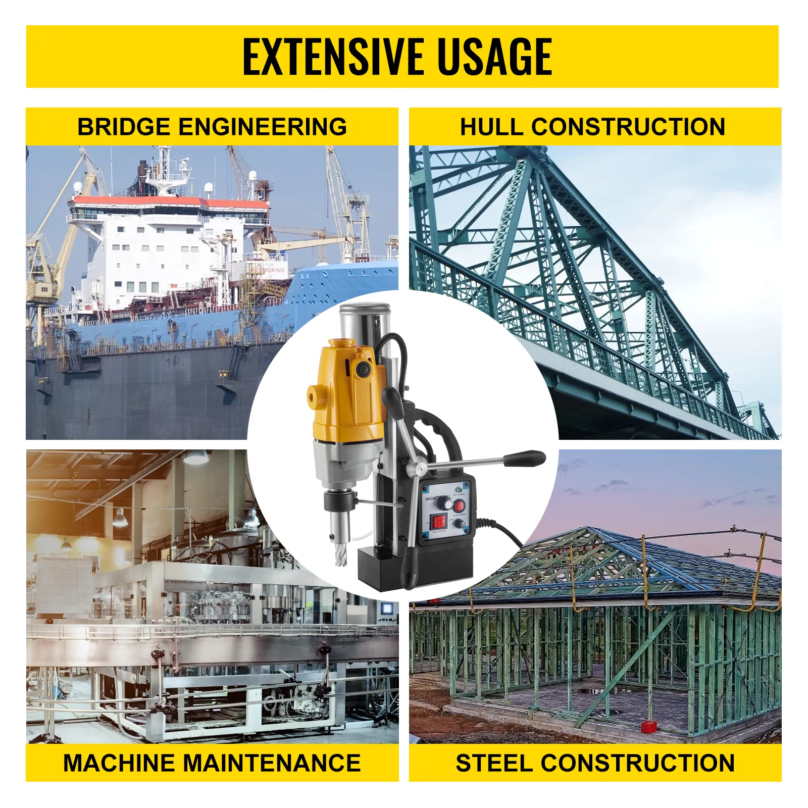 Taladro magnético VEVOR para ingeniería de puentes, cascos, mantenimiento de maquinaria y construcción de acero.