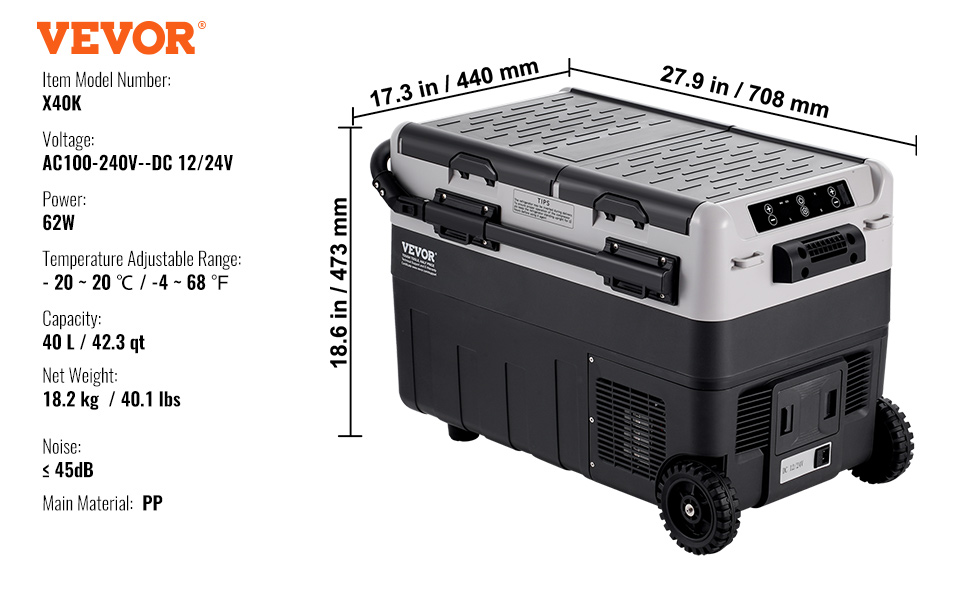 VEVOR przenośna lodówka samochodowa, 12 V, 40 l/42,3 qt przenośna