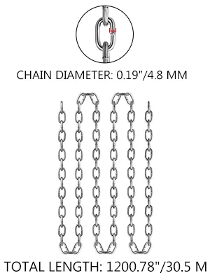 VEVOR grade 30 chain, 0.19"/4.8 mm diameter, 1200.78"/30.5 m length.