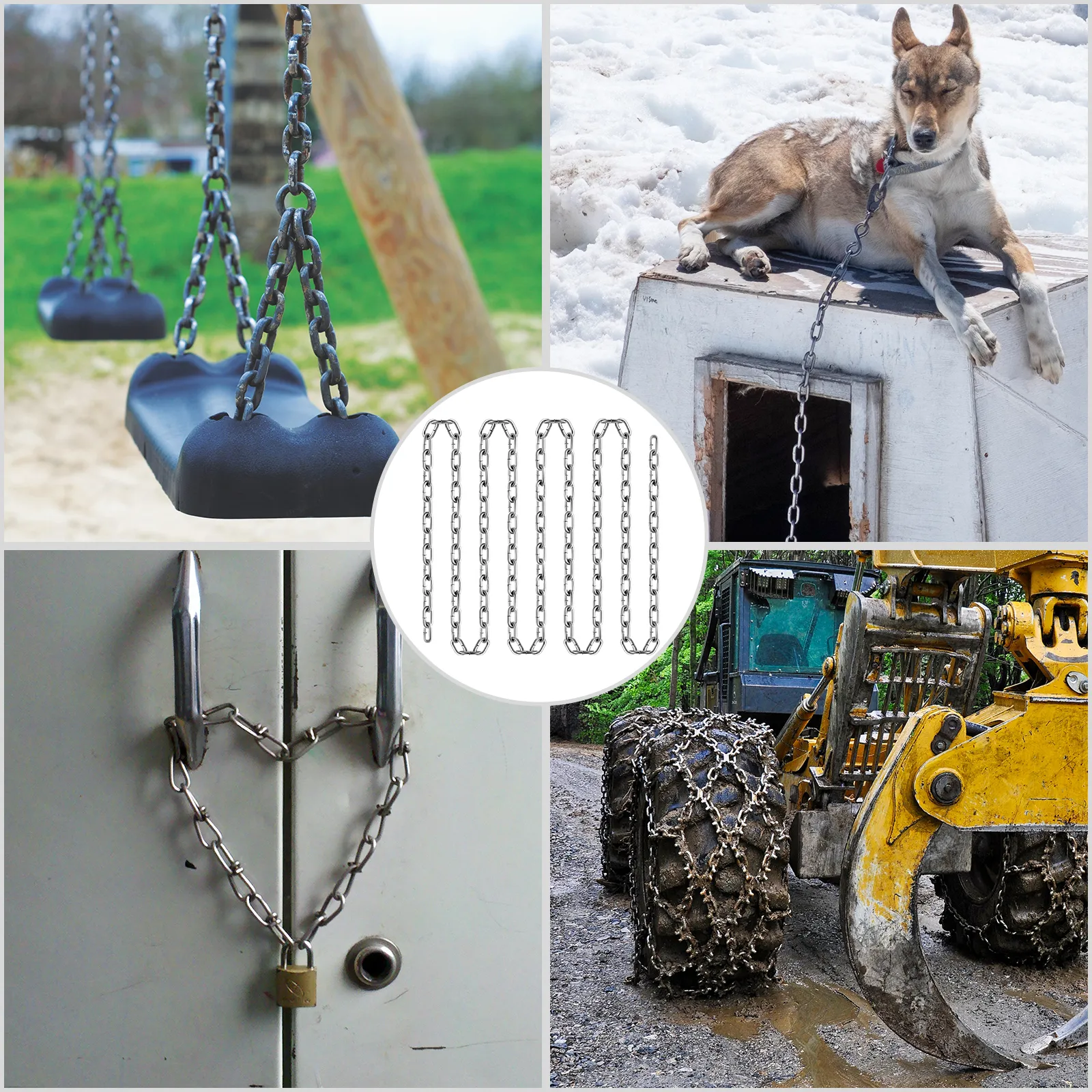 VEVOR grade 30 chain on a swing, securing a shed, a lock, and vehicle tire chains.