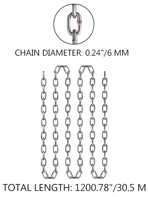 VEVOR grade 30 chain, 6mm diameter, 30.5m total length, detailed chain illustration.