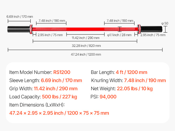 VEVOR 4 Ft Barbell – 500 Lbs Capacity, 2-Inch Plates