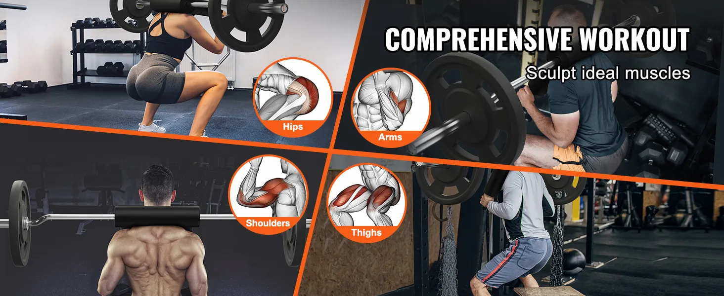 comprehensive workout with VEVOR safety squat bar for hips, arms, shoulders, and thighs muscle sculpting.