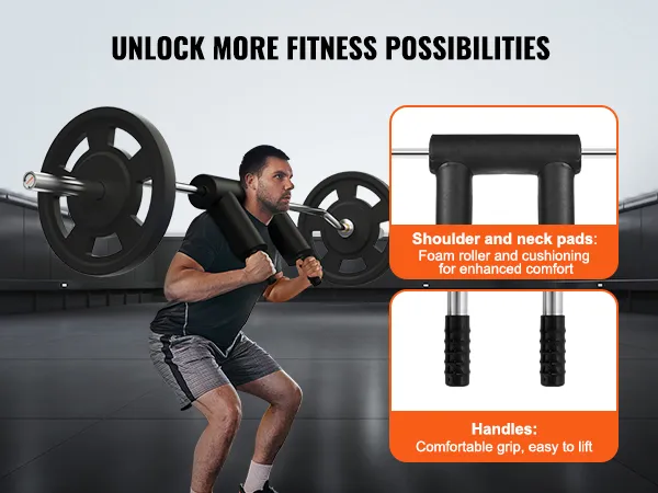 man lifting weights using VEVOR safety squat bar with shoulder and neck pads, and comfortable handles.
