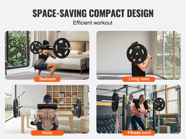 VEVOR safety squat bar used in bedroom, living room, study, and fitness room for efficient workouts.