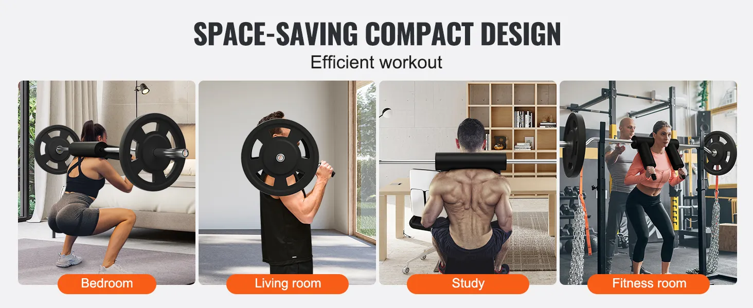VEVOR safety squat bar used in bedroom, living room, study, and fitness room for efficient workouts.