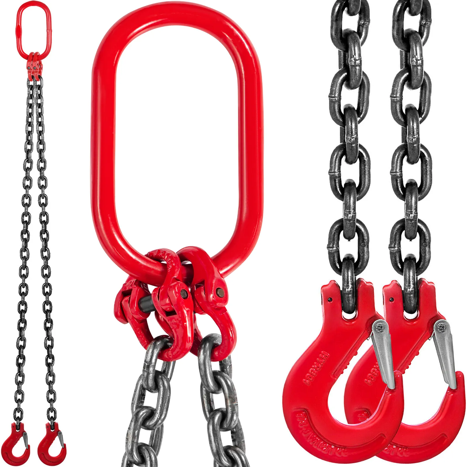 Eslinga de cadena VEVOR con ganchos rojos y cadenas de acero resistentes.