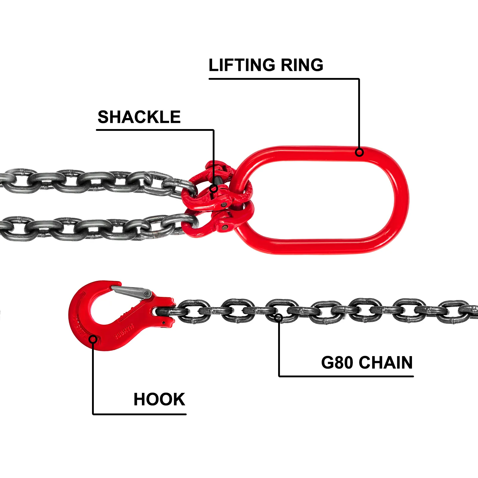 Eslinga de cadena VEVOR con anillo de elevación, grillete, gancho y cadena g80 en color rojo y plata.