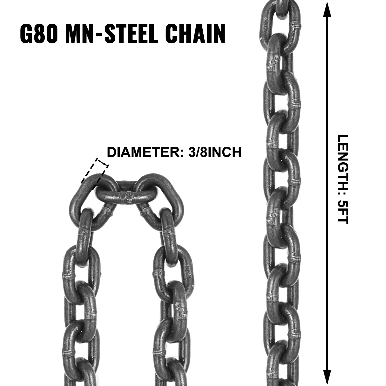 Cadena de acero g80 mn con diámetro de 3/8 de pulgada y longitud de 5 pies para eslinga de cadena VEVOR.
