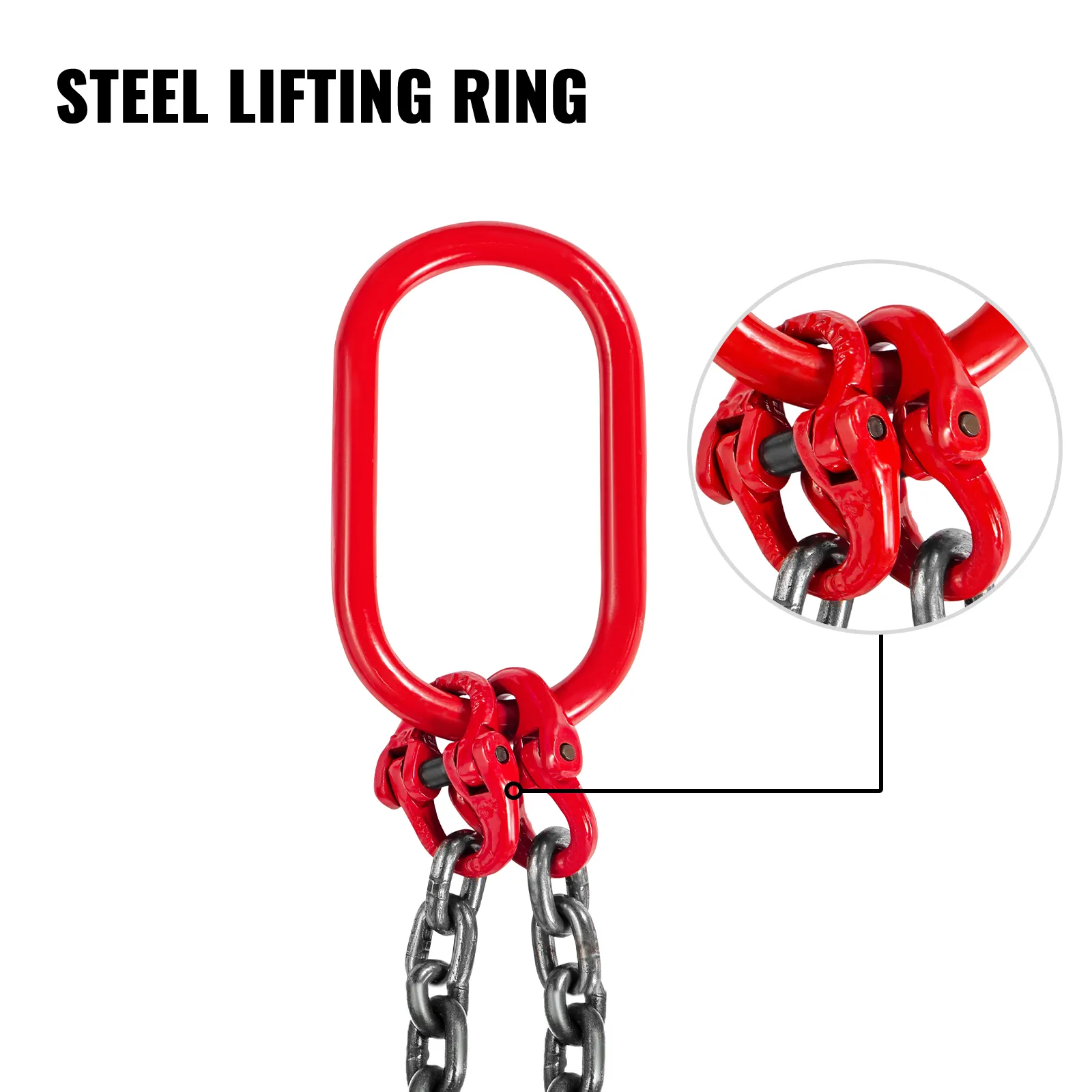 Anillo de elevación de acero rojo con vista detallada de los conectores de eslinga de cadena VEVOR.