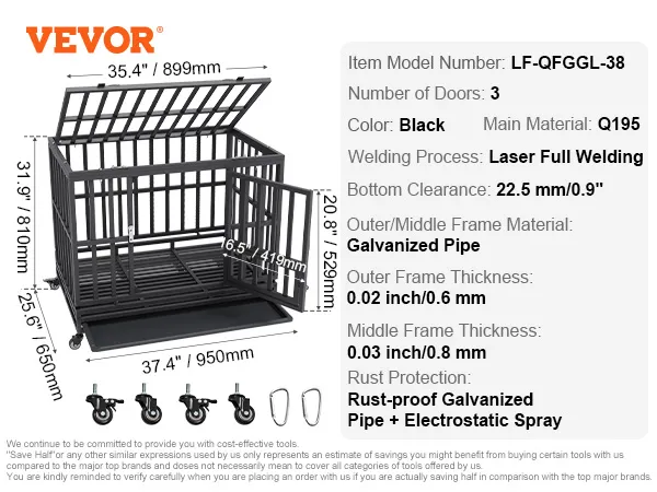 VEVOR heavy duty dog crate with three doors, casters, and durable black q195 steel construction.