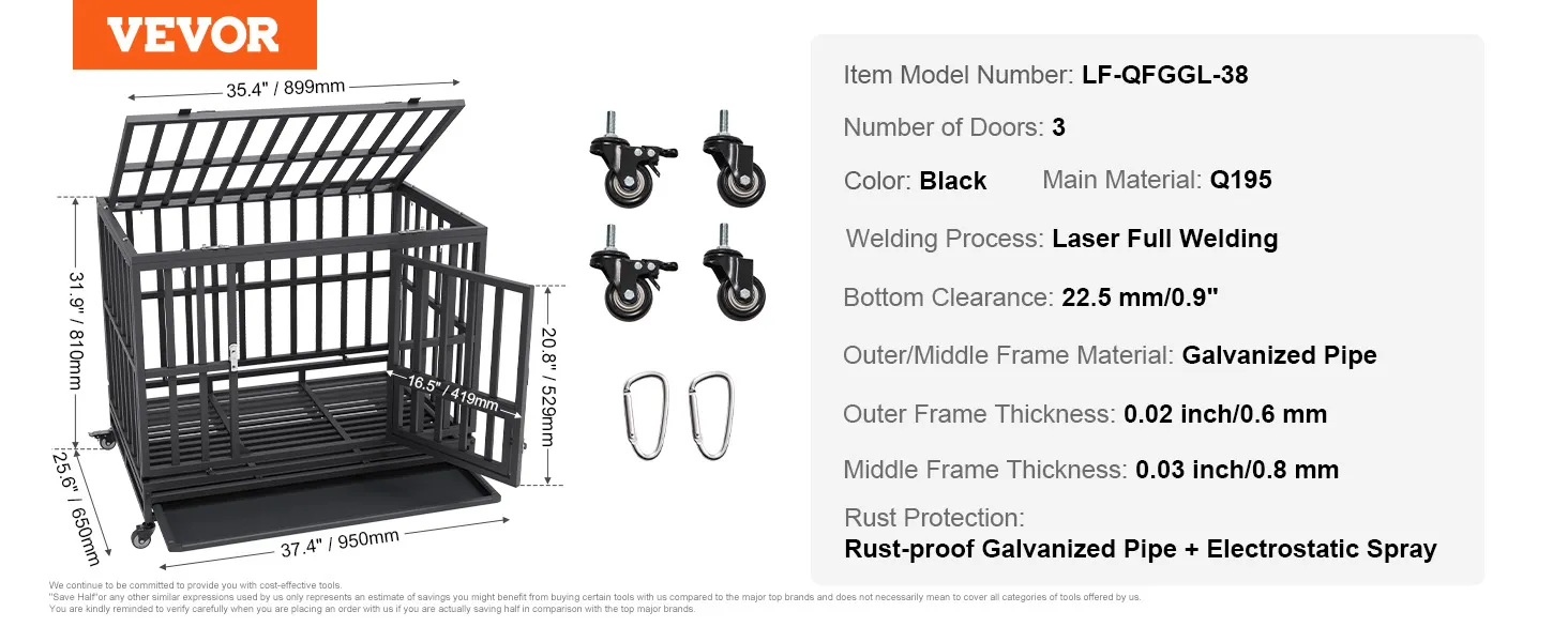 VEVOR heavy duty dog crate with three doors, casters, and durable black q195 steel construction.