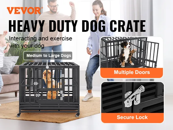 VEVOR heavy duty dog crate with secure lock, multiple doors, and suitable for medium to large dogs.