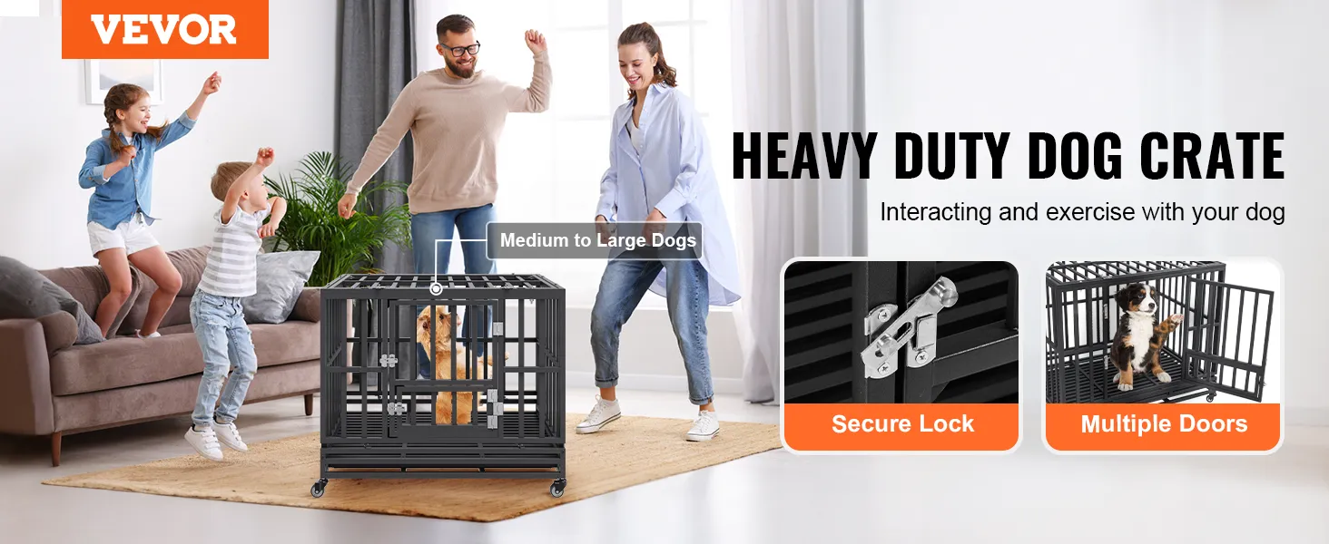 VEVOR heavy duty dog crate with secure lock, multiple doors, and suitable for medium to large dogs.