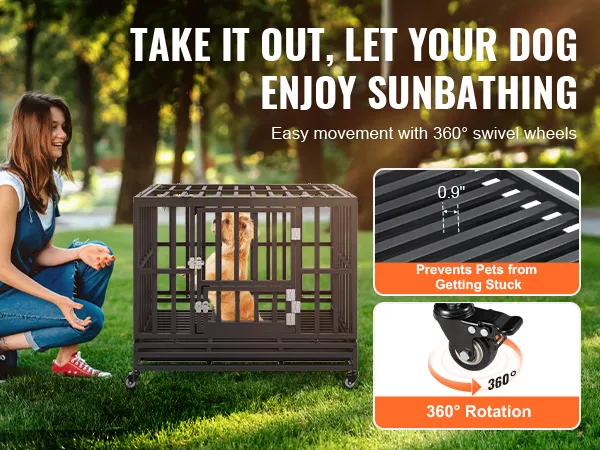 woman enjoying the park with a dog in the VEVOR heavy duty dog crate, featuring 360° swivel wheels.