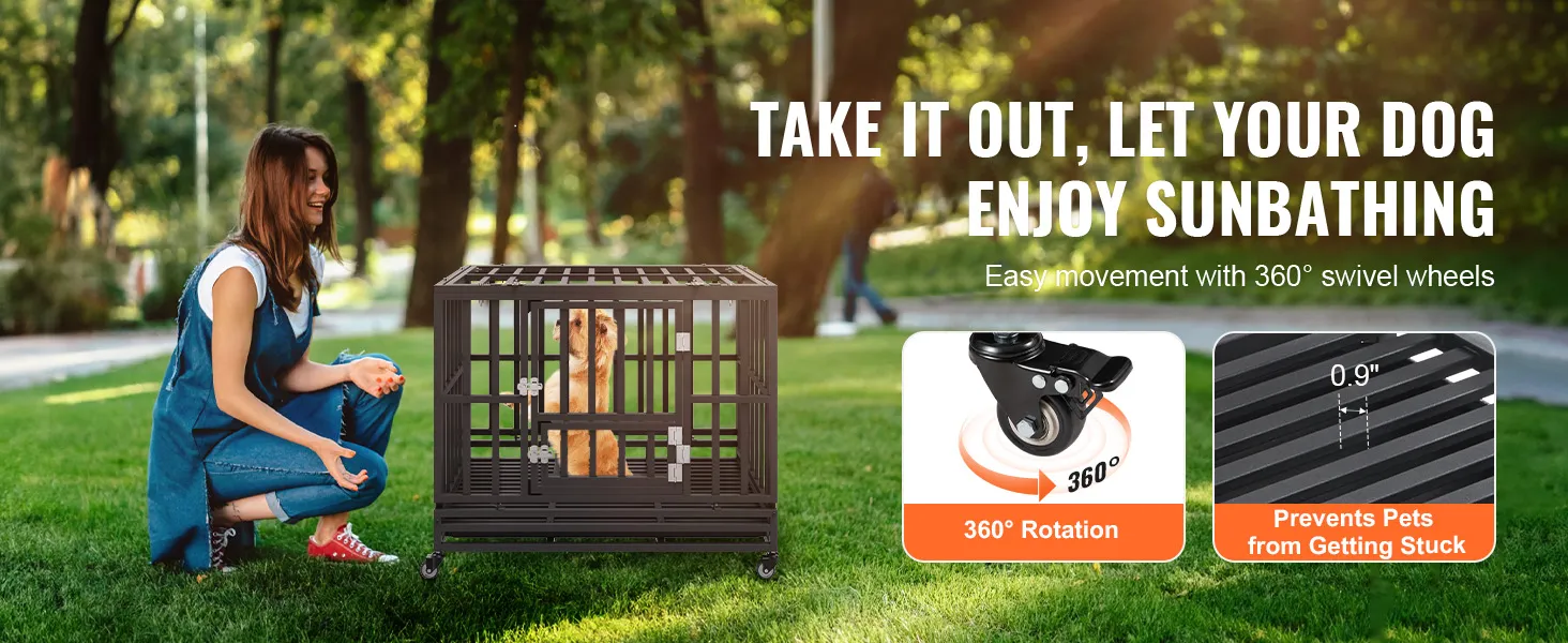 woman enjoying the park with a dog in the VEVOR heavy duty dog crate, featuring 360° swivel wheels.