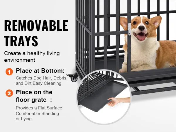 corgi in a VEVOR heavy duty dog crate with removable trays for easy cleaning and comfort.