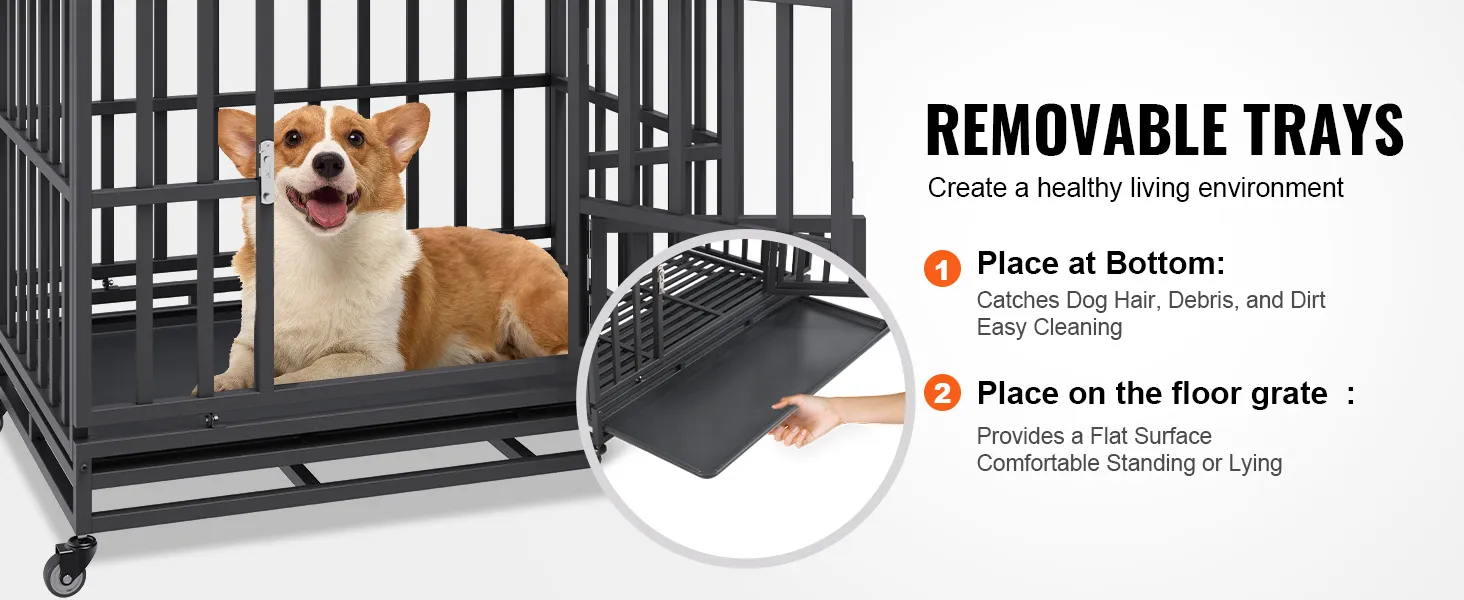 corgi in a VEVOR heavy duty dog crate with removable trays for easy cleaning and comfort.
