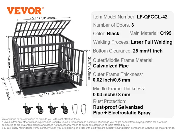 VEVOR heavy duty dog crate with 3 doors, black color, laser welding, and rust-proof galvanized pipe.