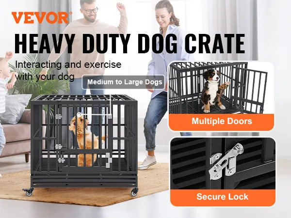 VEVOR heavy duty dog crate for medium to large dogs with secure lock and multiple doors, family playing.