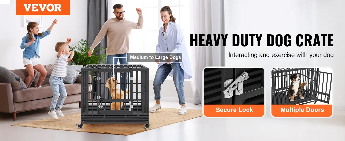 VEVOR heavy duty dog crate for medium to large dogs with secure lock and multiple doors, family playing.