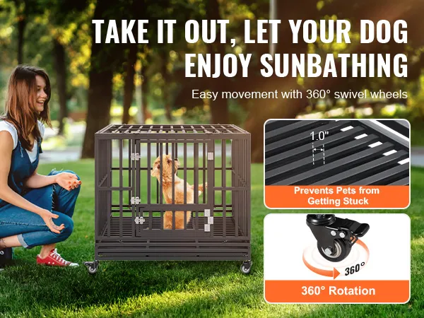 VEVOR heavy duty dog crate in a park with a woman kneeling beside it, showcasing easy 360° wheel rotation.