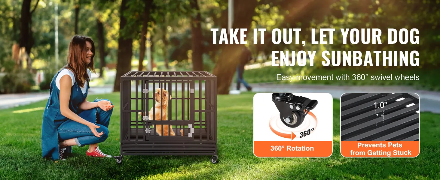 VEVOR heavy duty dog crate in a park with a woman kneeling beside it, showcasing easy 360° wheel rotation.