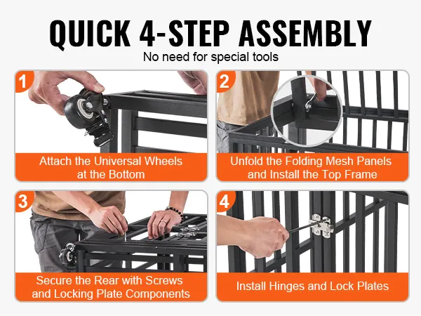 quick 4-step assembly guide for VEVOR heavy duty dog crate, no tools needed, install wheels, screws, hinges.