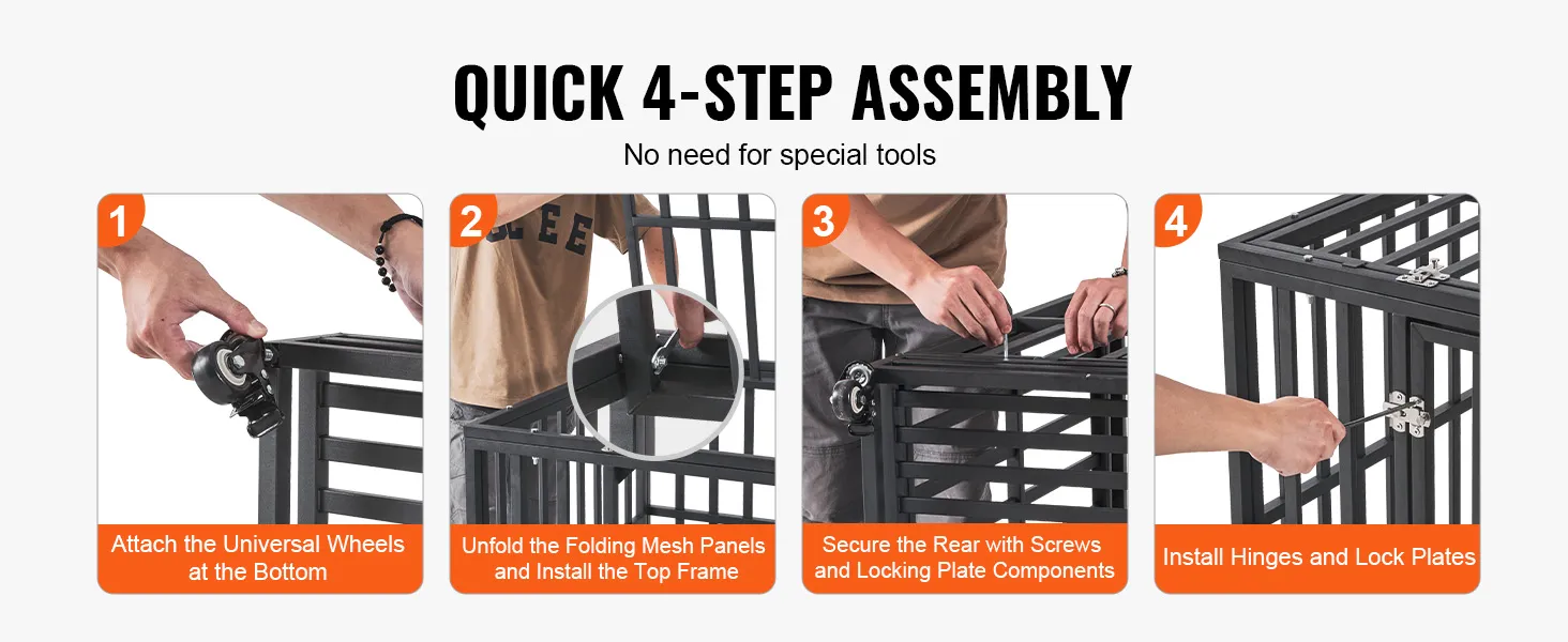 quick 4-step assembly guide for VEVOR heavy duty dog crate, no tools needed, install wheels, screws, hinges.