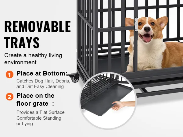 corgi in a VEVOR heavy duty dog crate with removable trays for easy cleaning and comfortable standing.