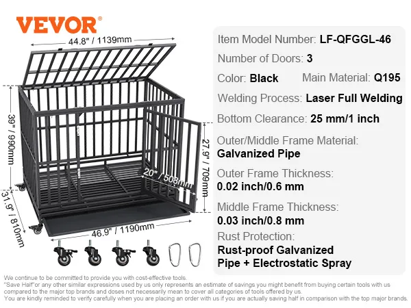 VEVOR heavy duty dog crate - black, q195, 3 doors, laser full welding, galvanized pipe, rustproof.