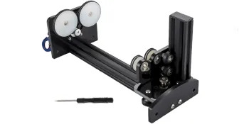 VEVOR rotary axis attachment with rollers and a screwdriver placed beside it.