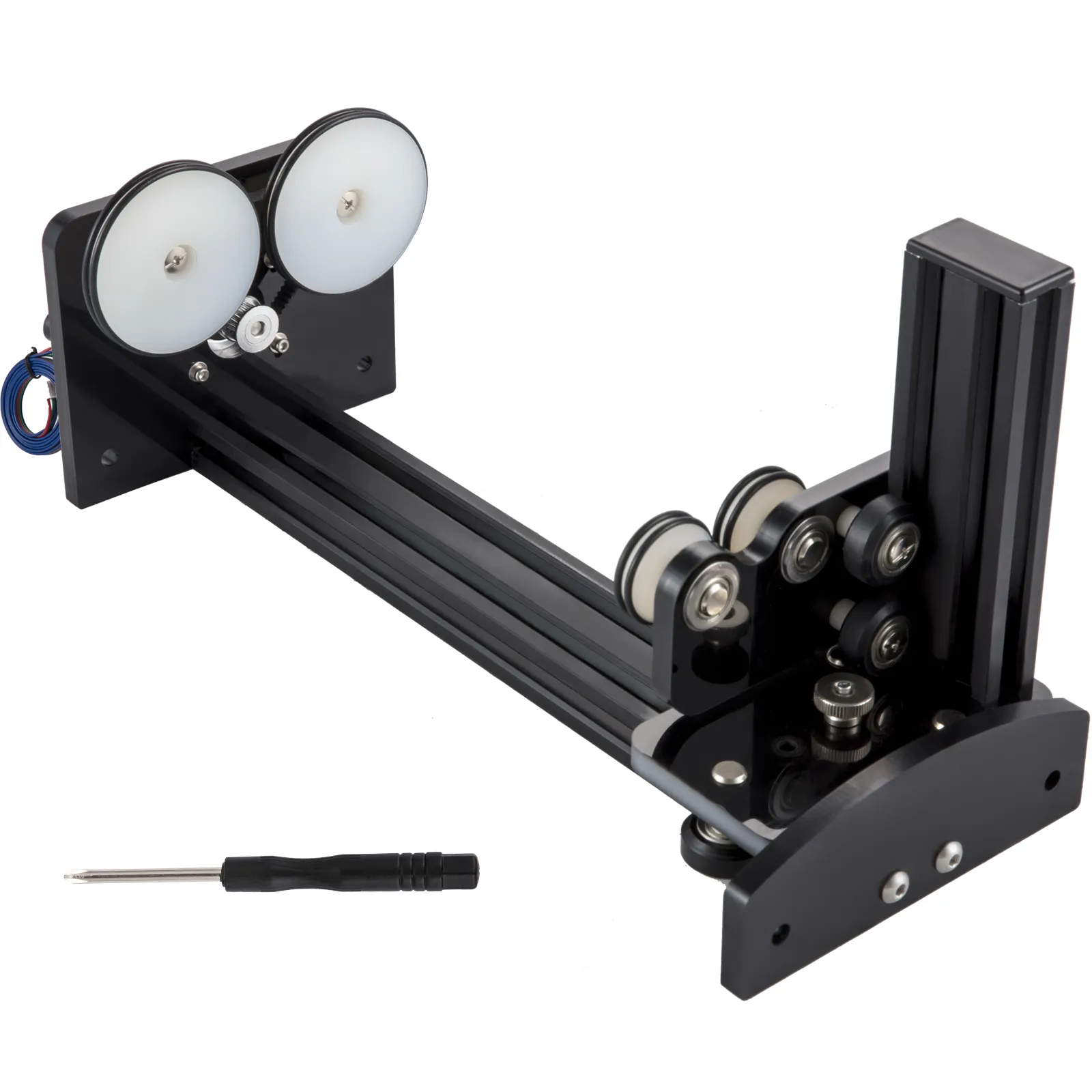 VEVOR rotary axis attachment with precision wheels and screwdriver.