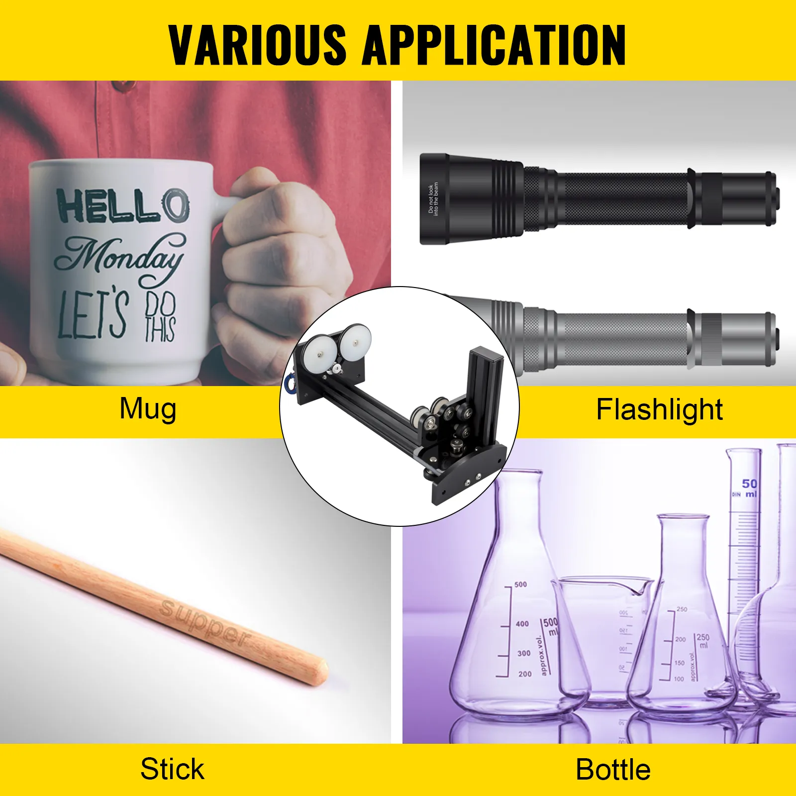 VEVOR rotary axis attachment for mug, flashlight, stick, and bottle applications.
