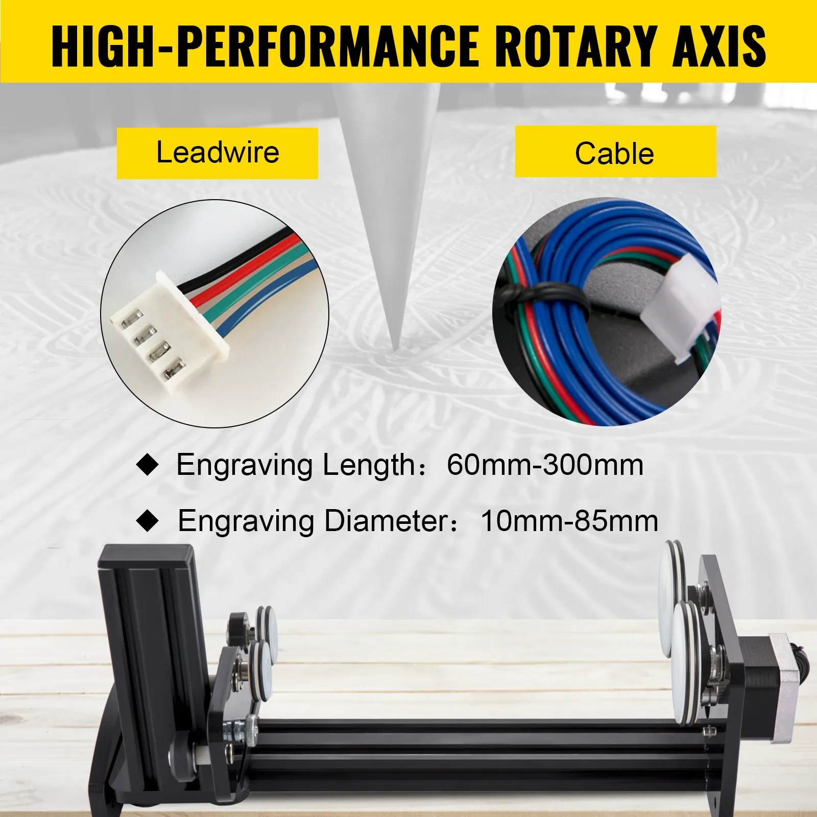 high-performance VEVOR rotary axis attachment with leadwire and cable for precise engraving.