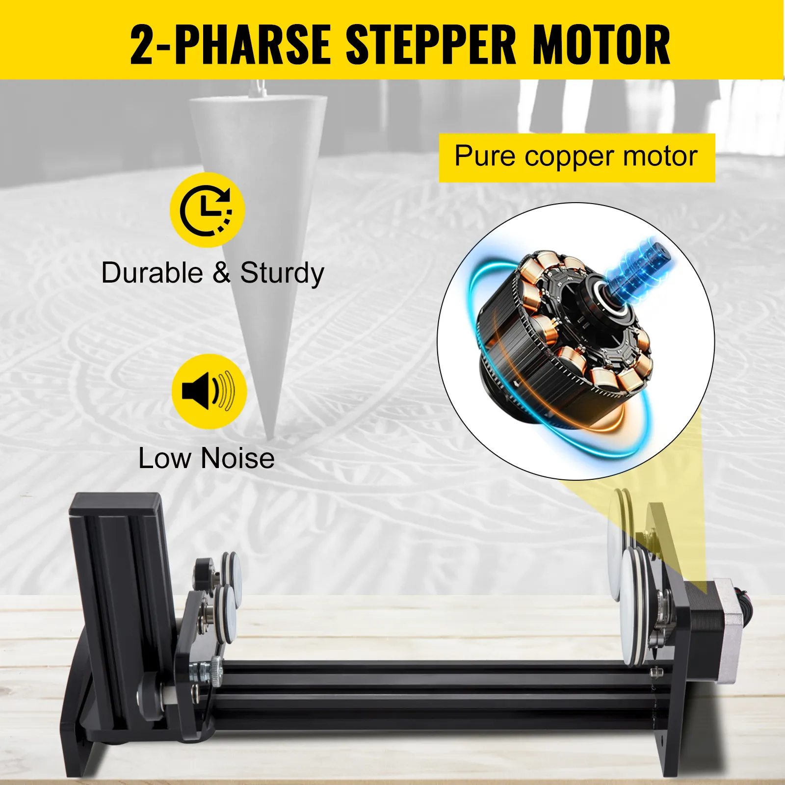 durable VEVOR rotary axis attachment with low-noise, pure copper 2-phase stepper motor.