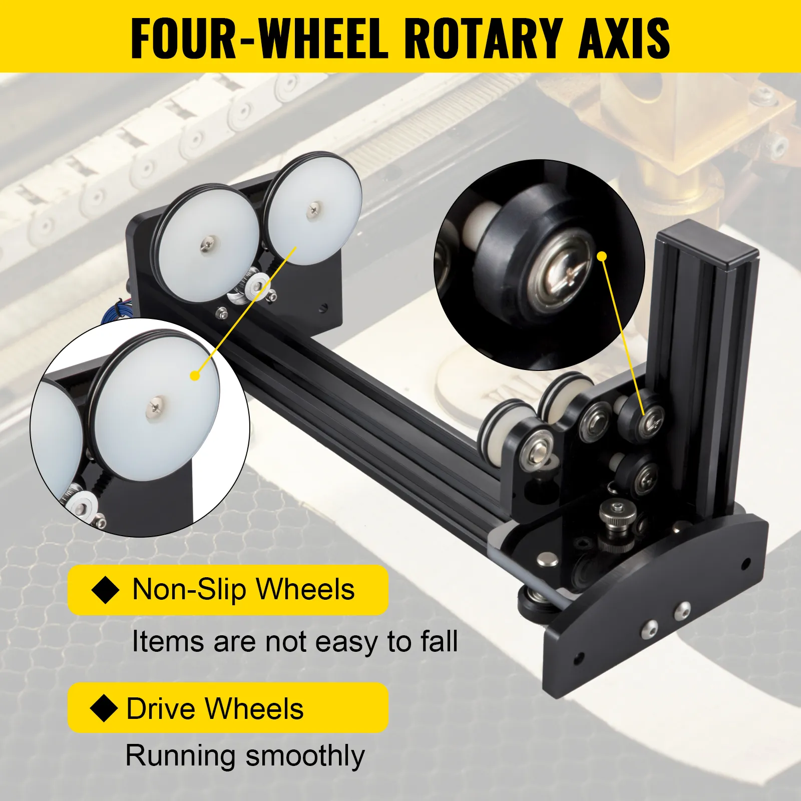 VEVOR rotary axis attachment with non-slip wheels and smooth drive wheels.