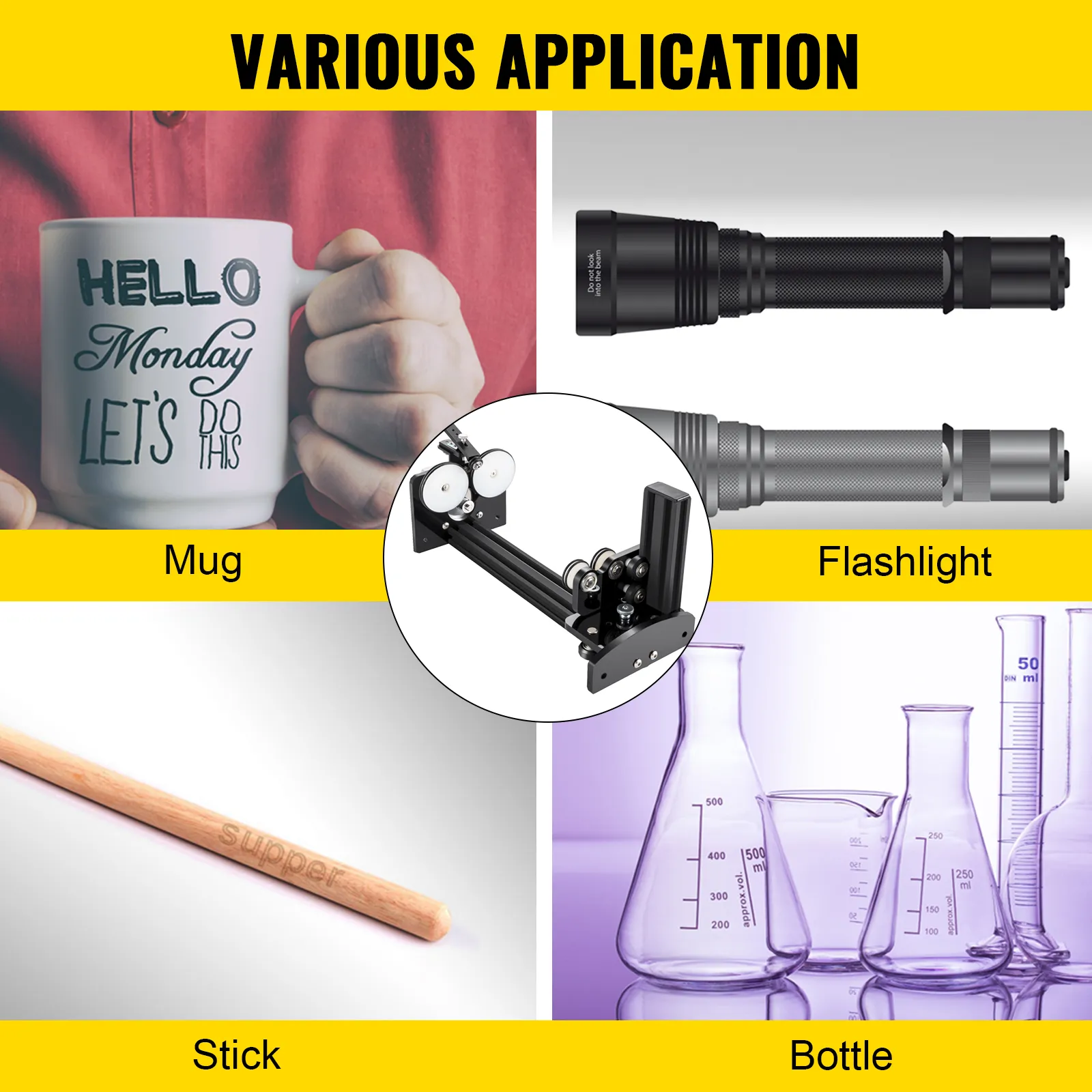 VEVOR rotary axis attachment applications: mug, flashlight, stick, bottle.