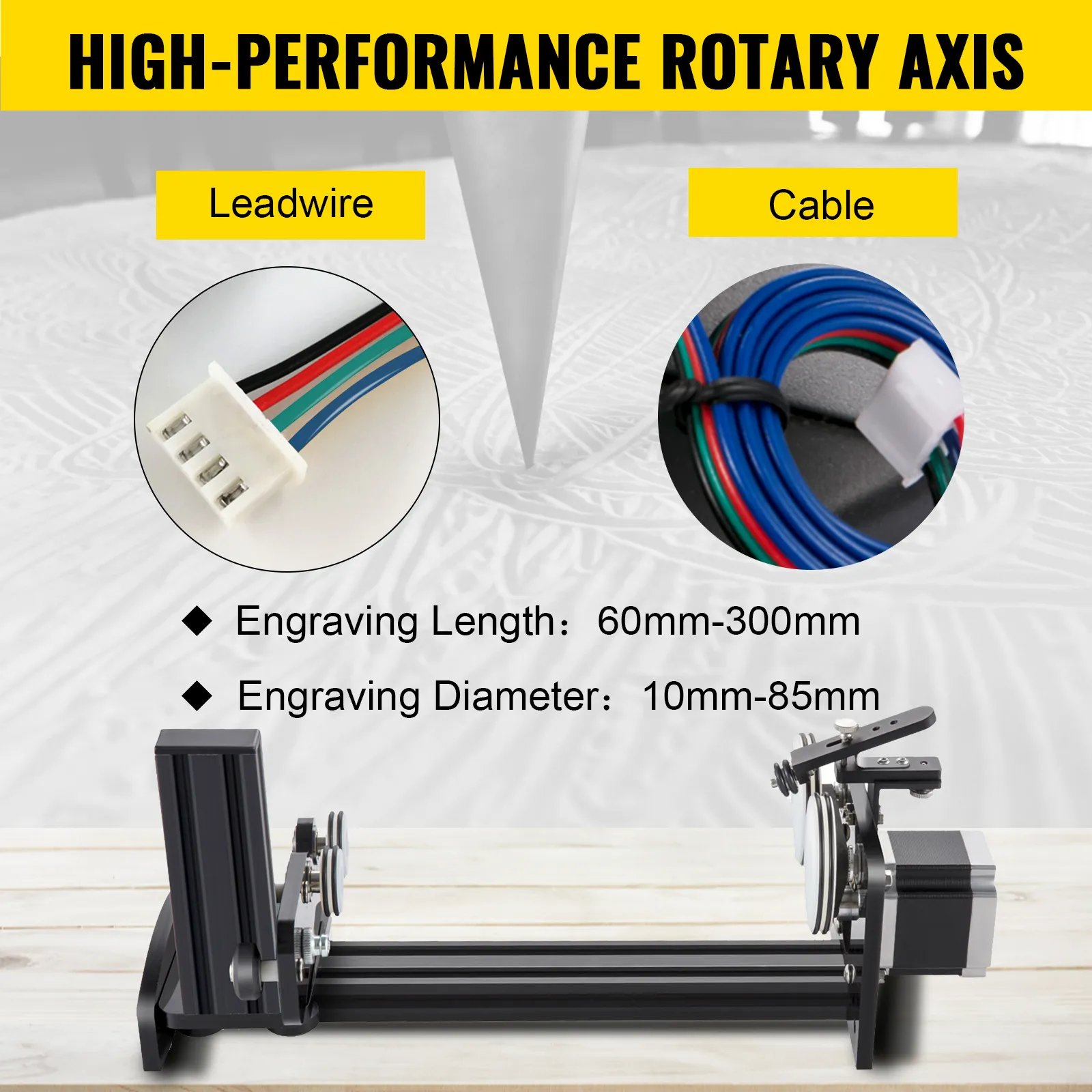 high-performance VEVOR rotary axis attachment with leadwire and cable for engraving.
