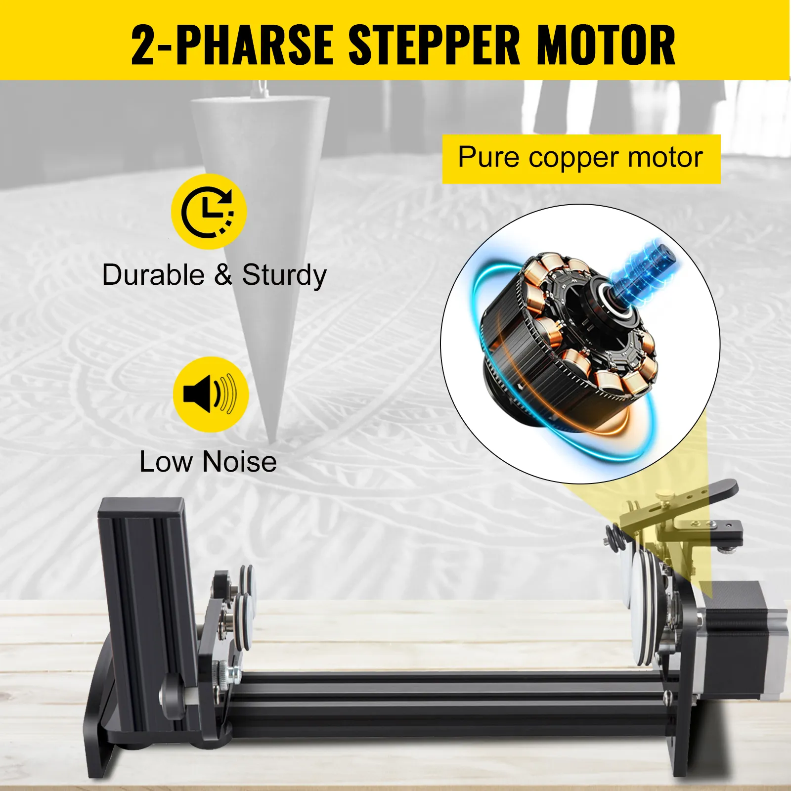 2-phase stepper motor with VEVOR rotary axis attachment; durable, sturdy, low noise.