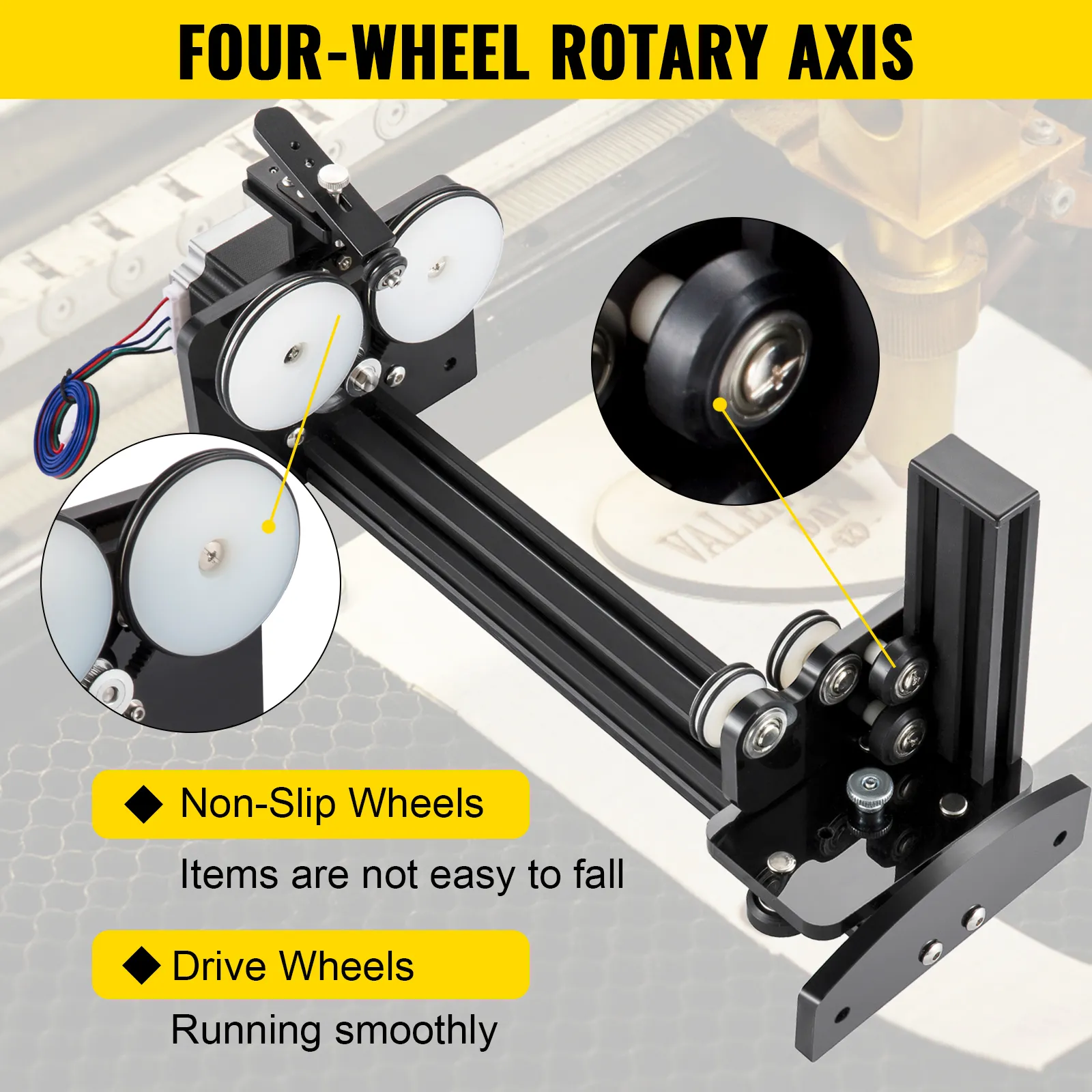 VEVOR rotary axis attachment with non-slip and smooth drive wheels for stability.