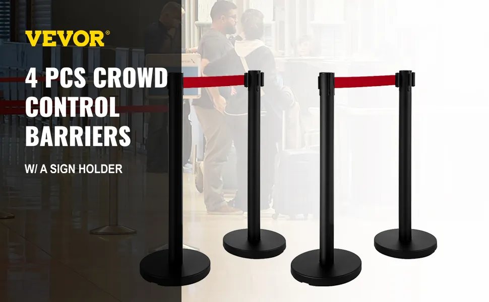VEVOR-paalafzettingen met rode banden voor het beheersen van mensenmassa's in een overdekte omgeving.