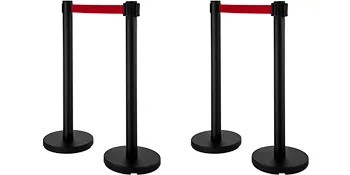 VEVOR staanderpaalafzettingen met rode banden en zwarte voetstukken in een set van vier.